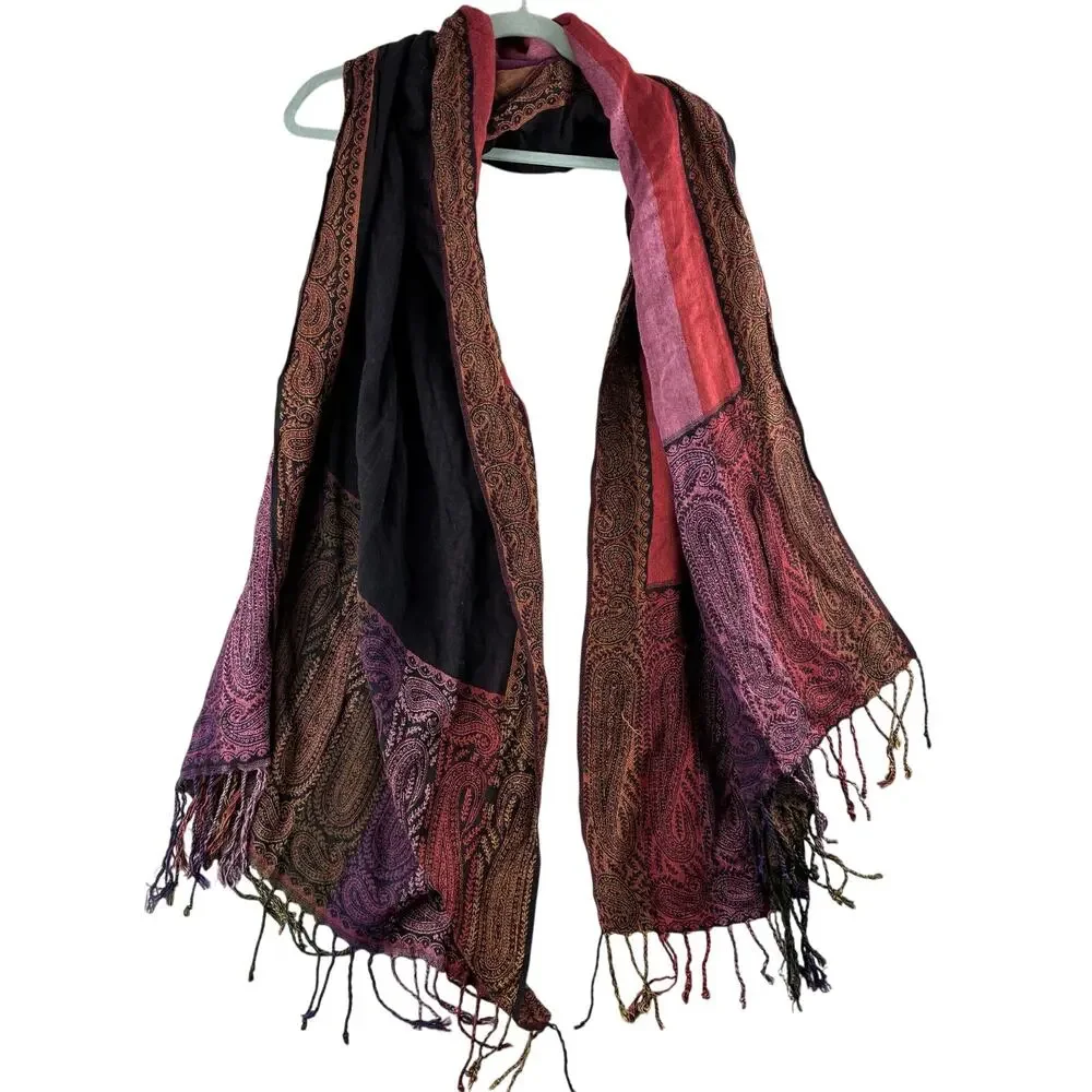 Boho Hippi Scarf Shawl Multicolor Fringe Floral Paisley Motif Stripe Renaissance